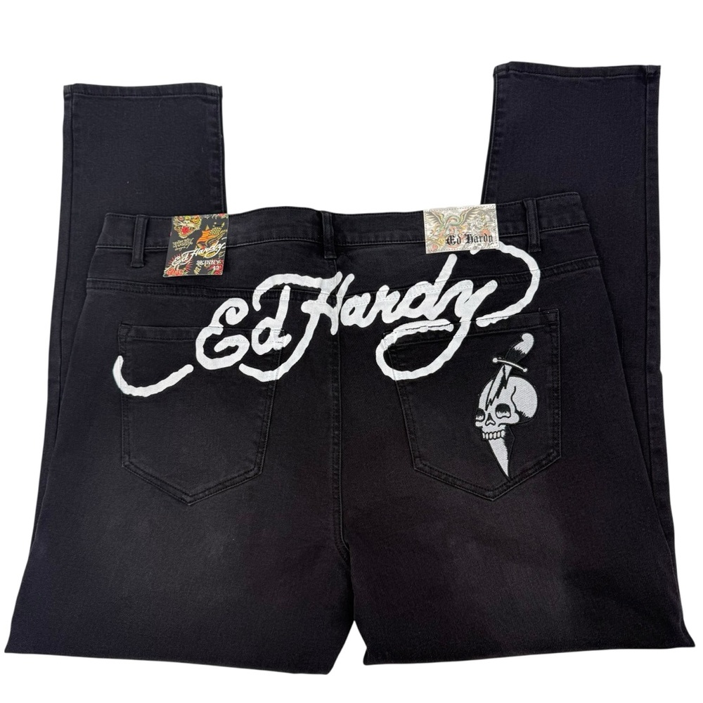 Ed Hardy Mens Size 42 Black Denim skinny Jeans Skull Dagger Embroidery NWT